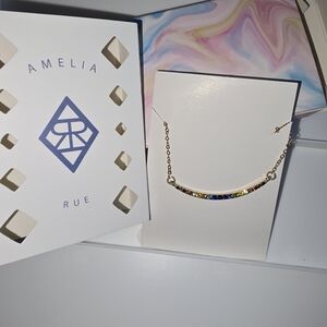 Amelia Rue Gold Curved Bar Necklace 20" W/ Extender Rainbow Gem Stone. New